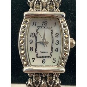 MZ Berger Marcasite Style‎ Watch Silver Tone Tonneau White Dial Quartz WS01 138